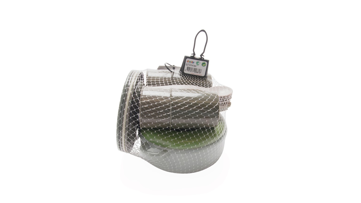 Grønt og gråt spisesæt med kop og tallerken i gennemsigtig opbevaringsbeholder med clips.