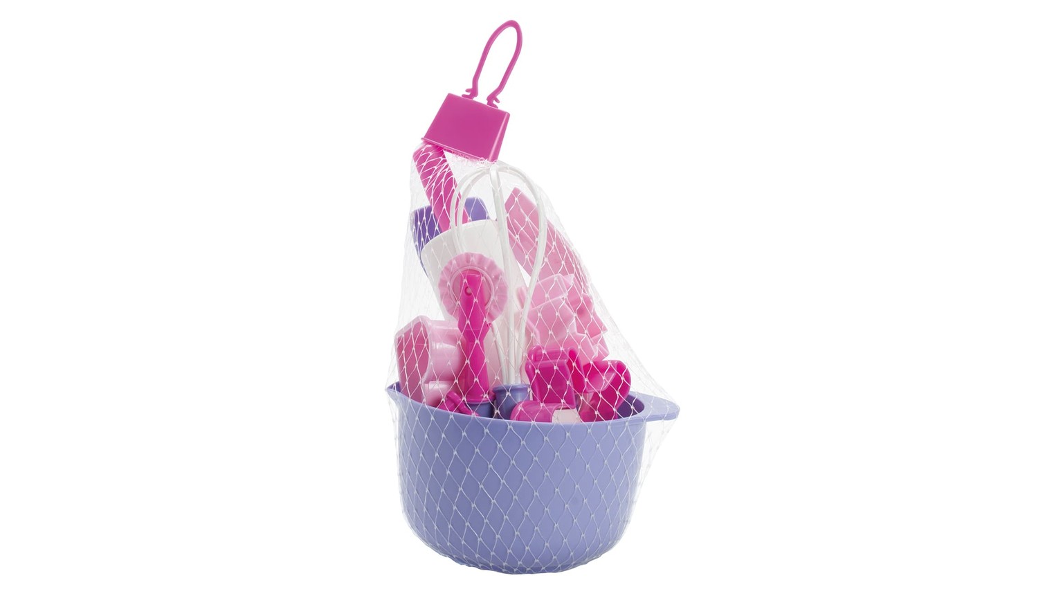 En lilla bakke med lyserødt bagelegetøj og dekorationer i forskellige nuancer af pink