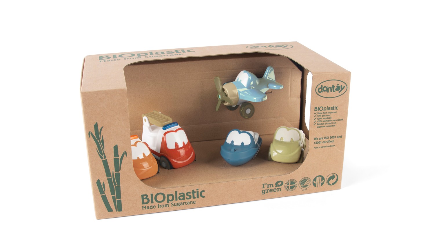 Fem små biler i naturlige farver præsenteret i brun produktæske med gennemsigtigt vindue.