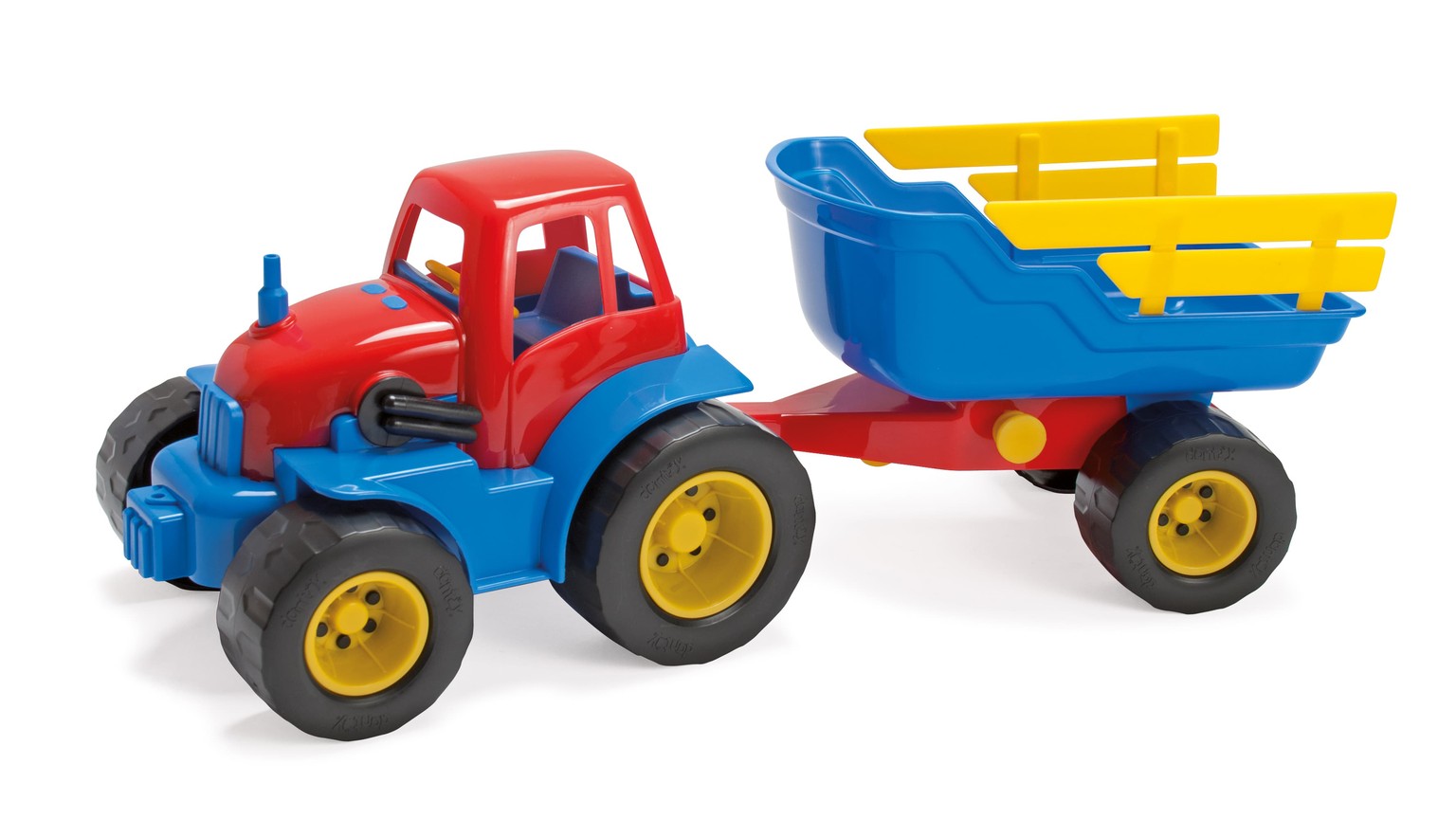 Rød traktor med blå og gul hænger på hvid baggrund