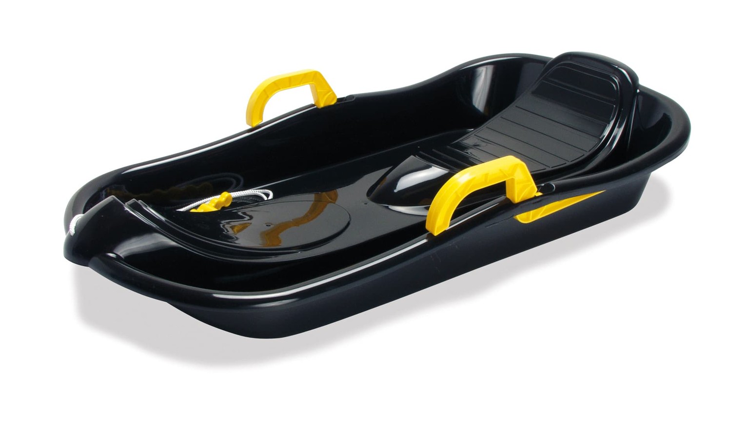 Sort kælk med gule håndtag til børn, designet som en bobslæde med glat bund