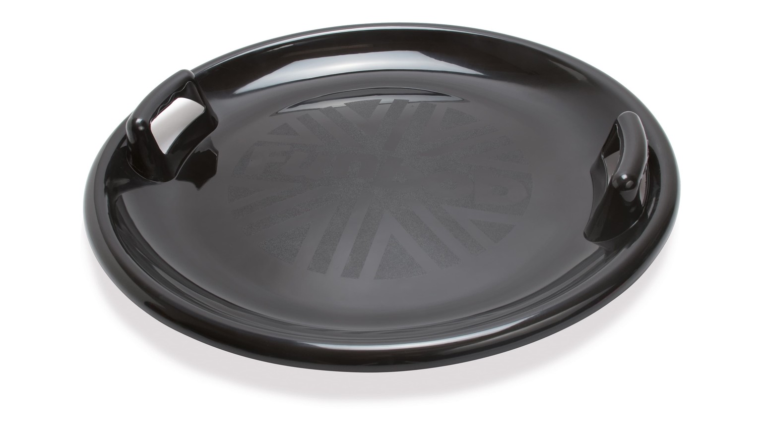 Sort rund bakke med let hævet kant og glat overflade