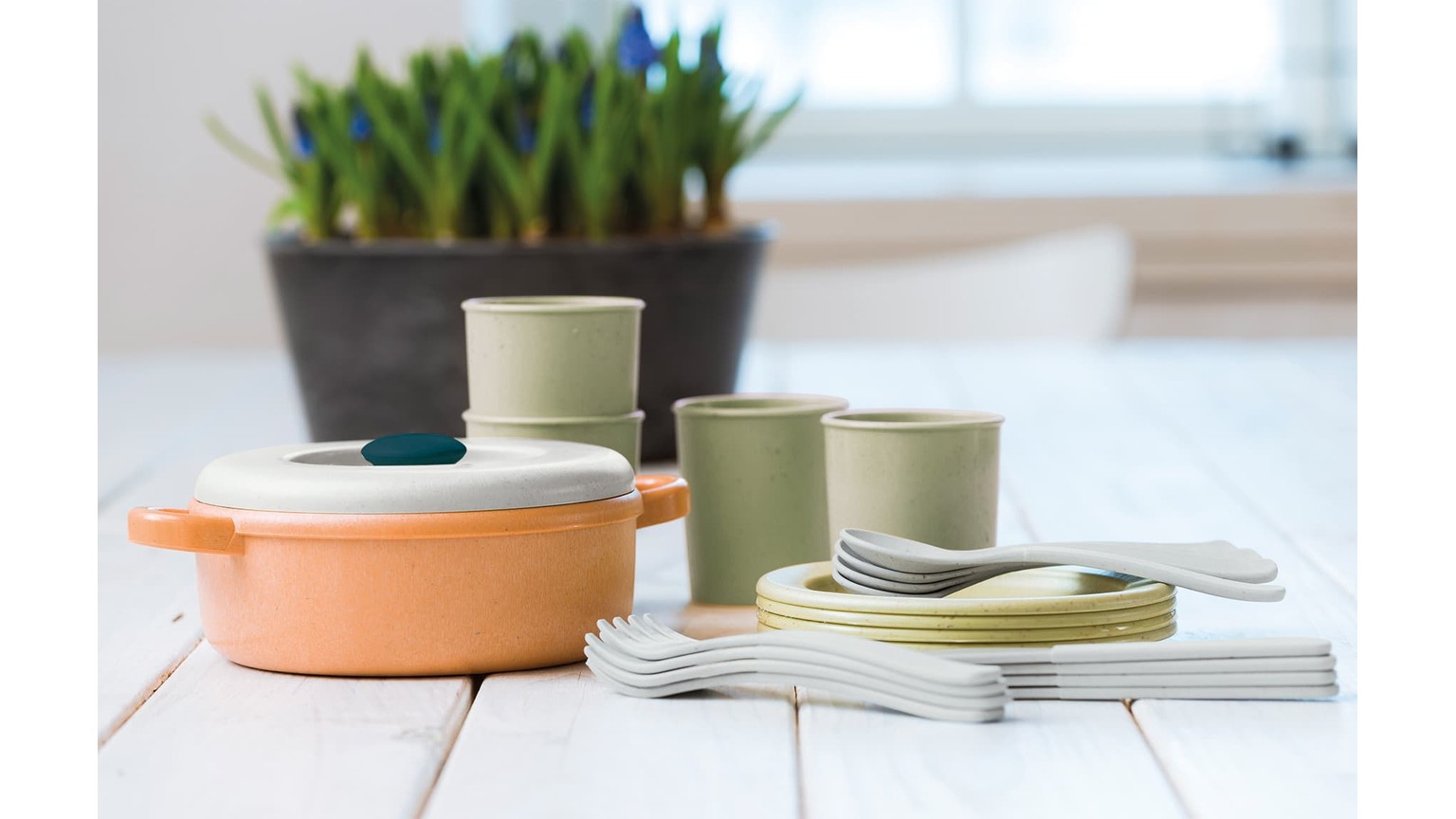 Ferskenfarvet skål med hvidt låg og to lysegrønne kopper på lyst bord med grønne planter i baggrunden.