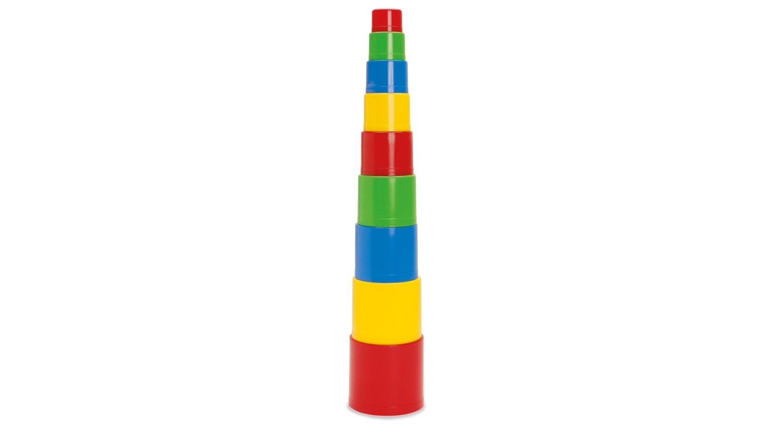 Et stabletårn med ni runde bægre i rød, gul, blå og grøn, arrangeret fra stort til småt