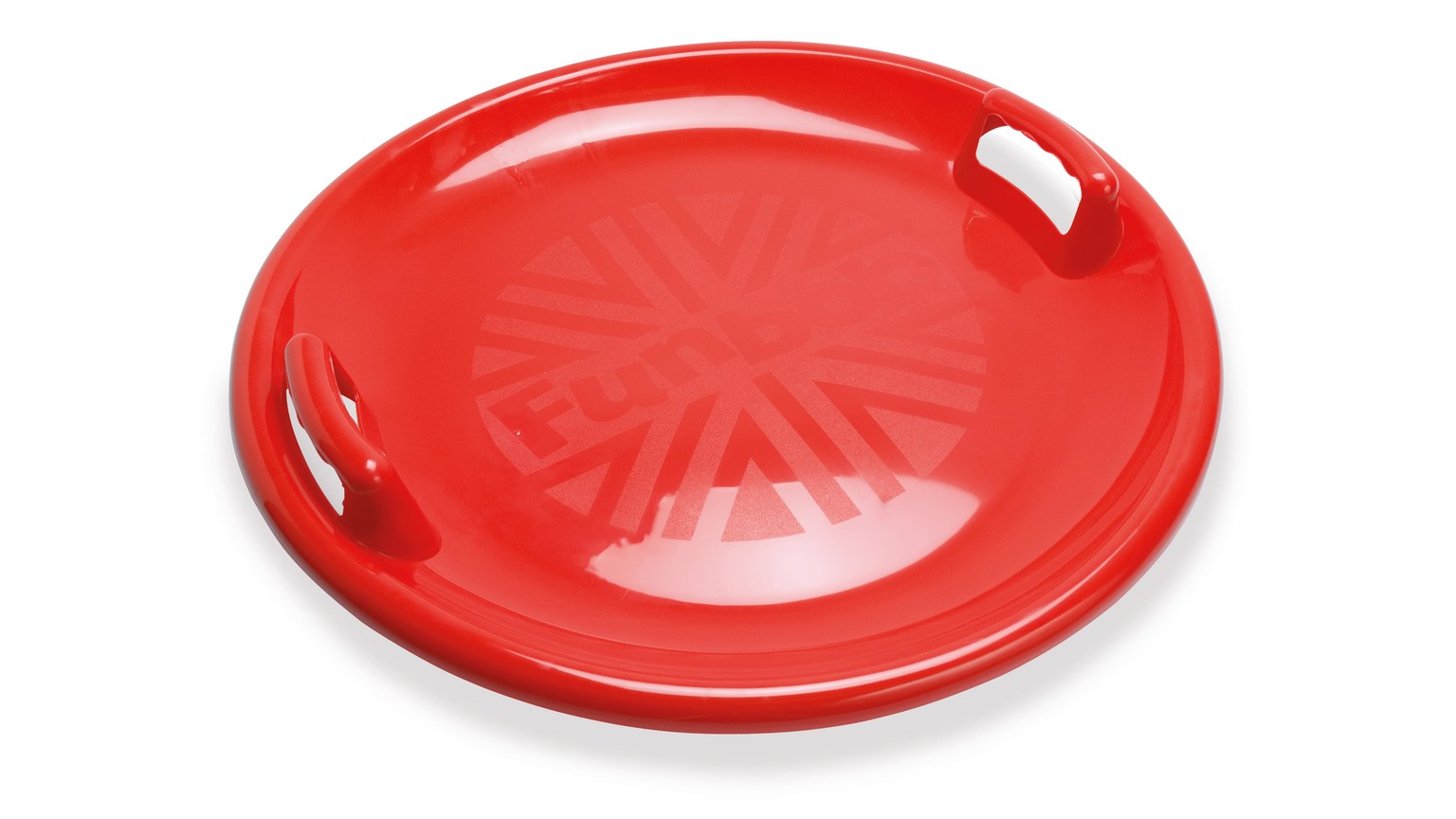 Rød kælk til sne og bakker med rund form og små håndtag i siden