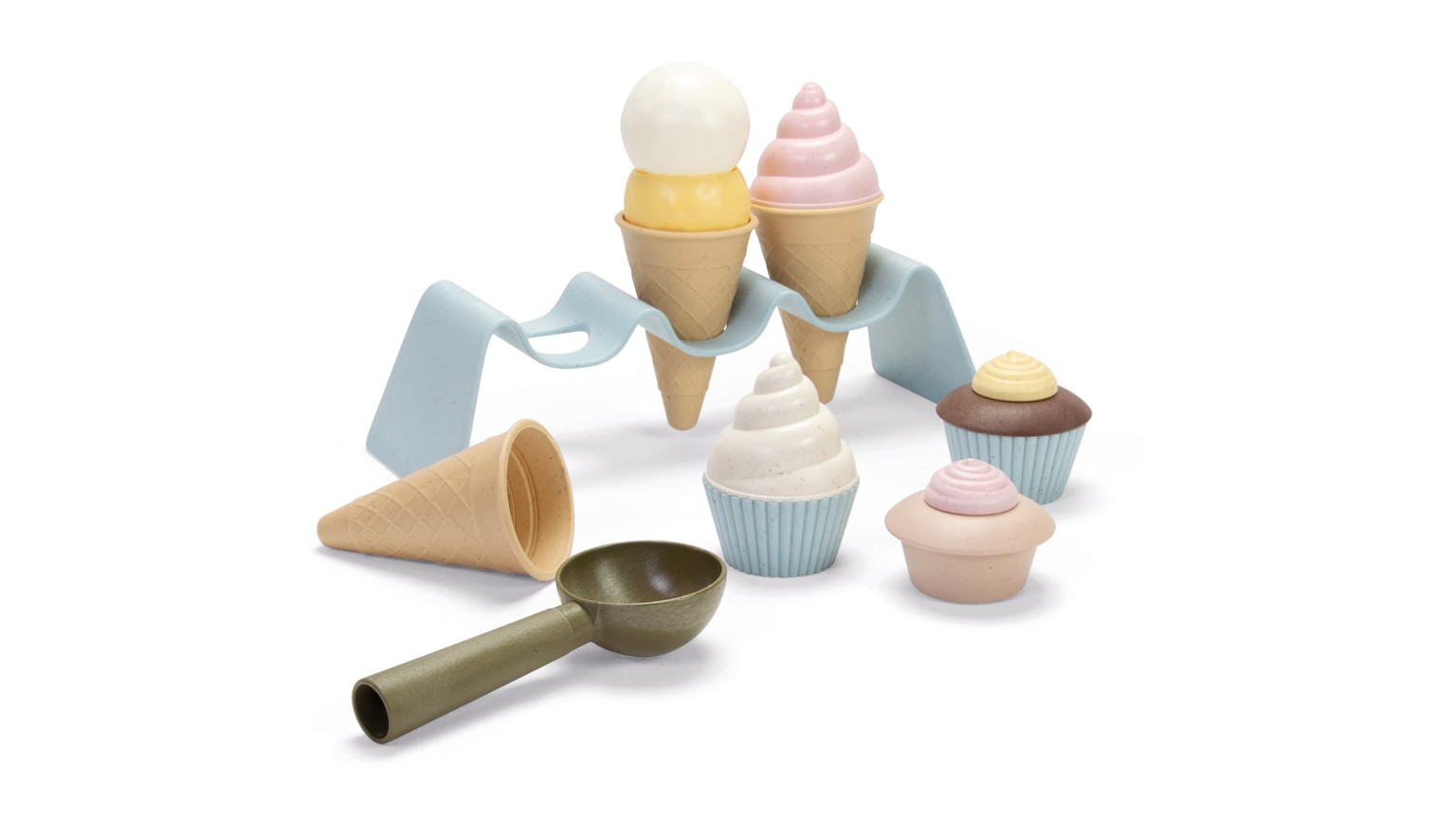 Legetøjs-issæt med vafler, iscreme og cupcakes i lyseblå, beige og lyserosa nuancer med iskugle-ske