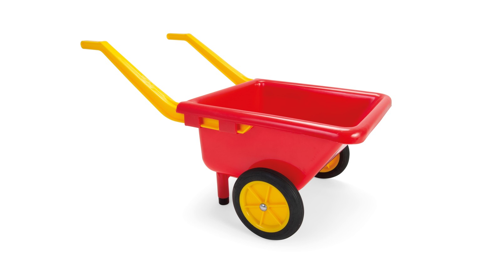 Rød børnetrillebør med gule hjul og håndtag