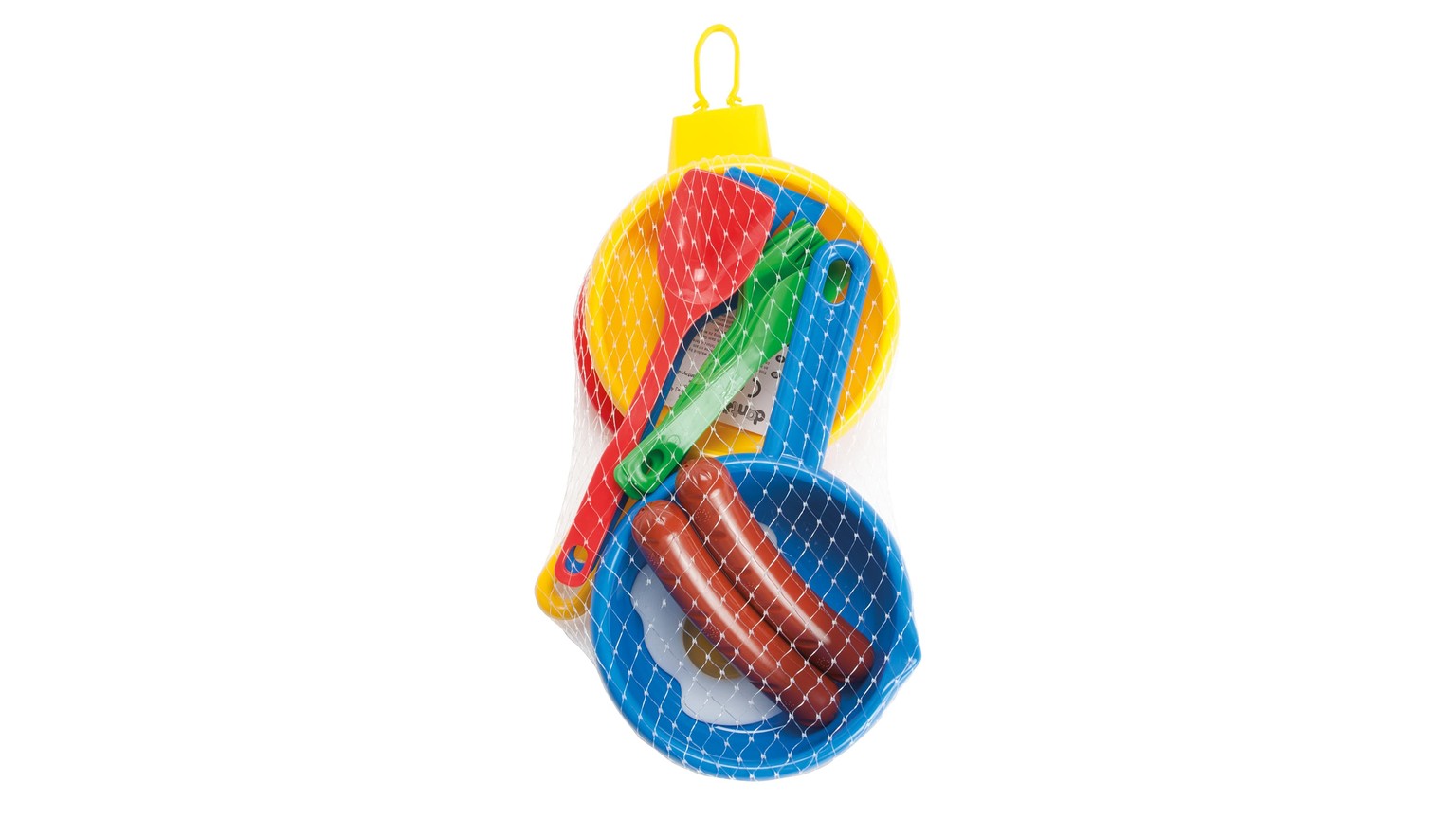 Farverige legemadsdele med pølse og brød i blåt plastiknet