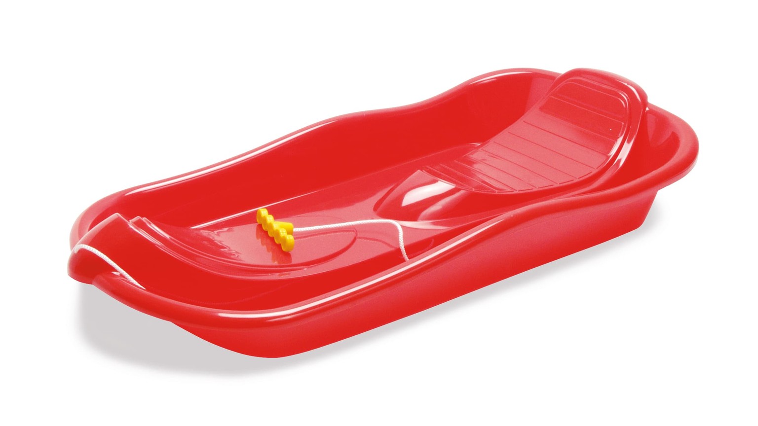 Rød kælk med gul snor og styrestang på hvid baggrund.