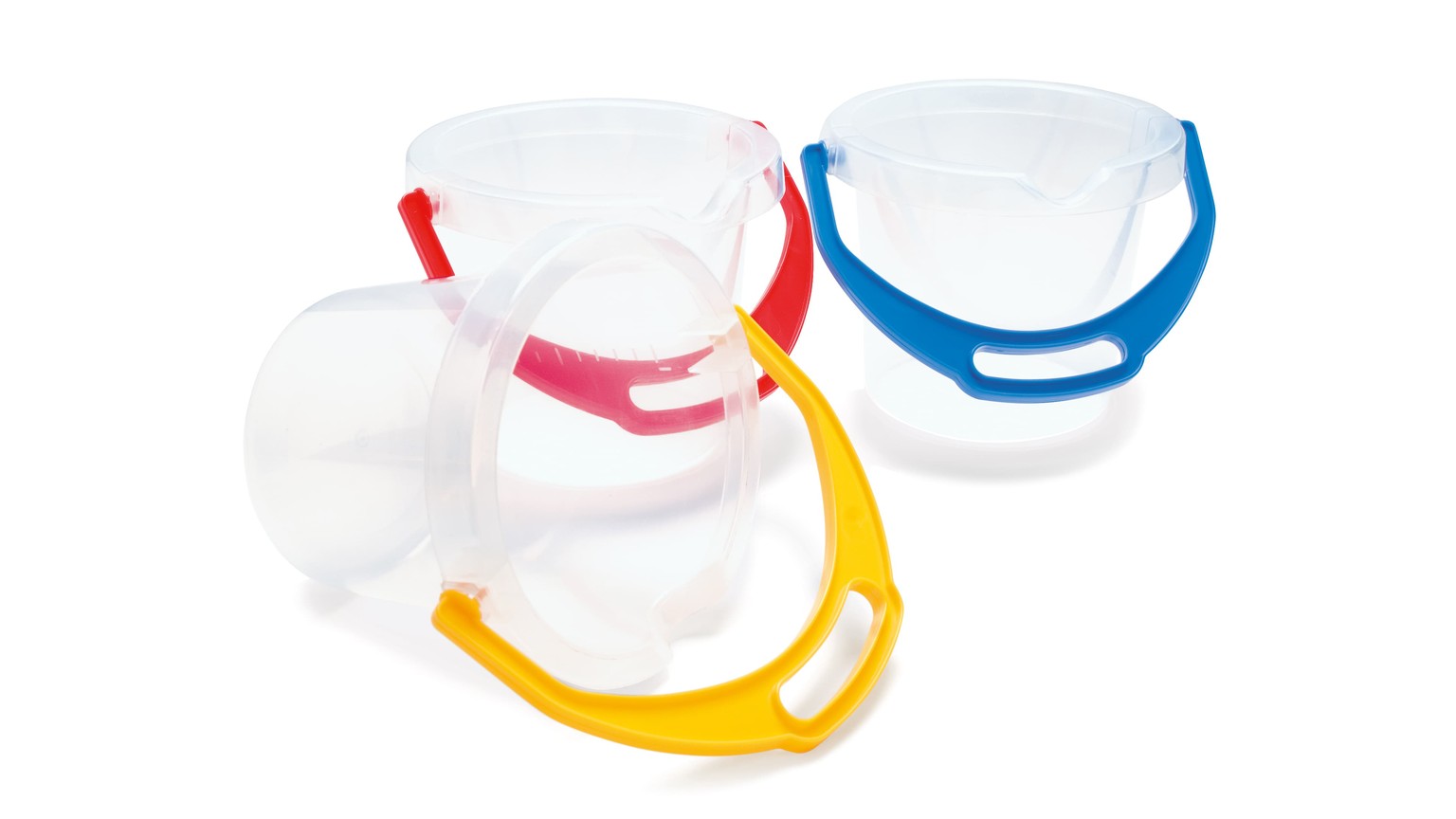 Tre gennemsigtige skovle med farvede kanter i blå, gul og rød