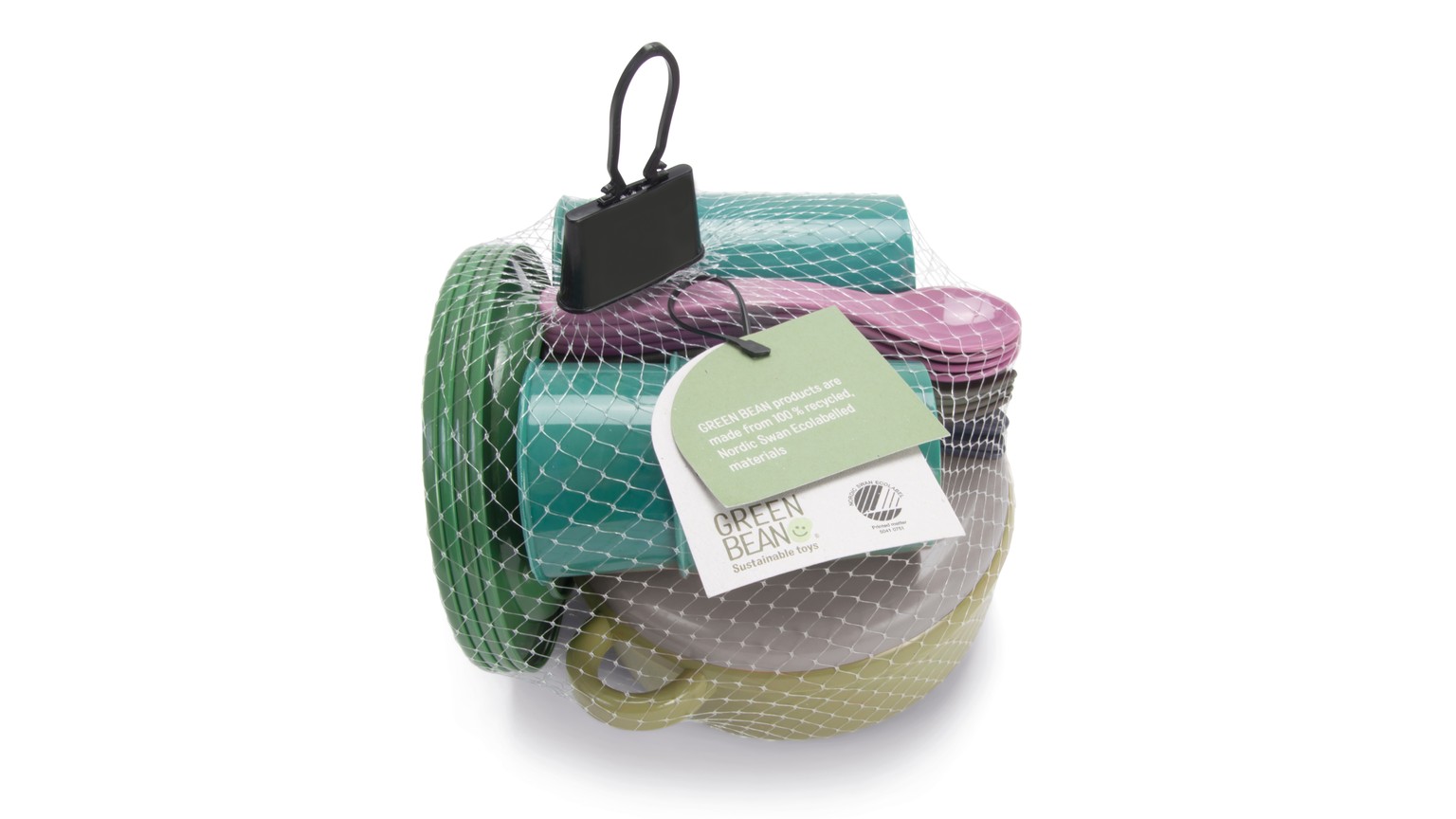 Spisesæt i pastellfarver med skål, kop og bestik pakket i netpose med mærkat