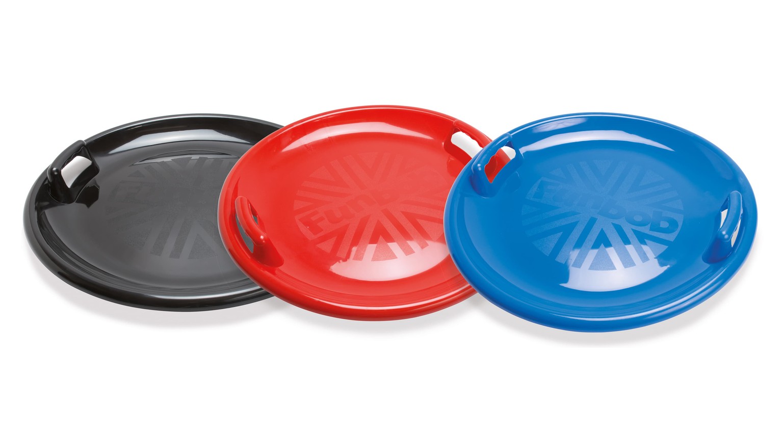 Tre ovale kælkebakker i blå, rød og sort, placeret ved siden af hinanden.