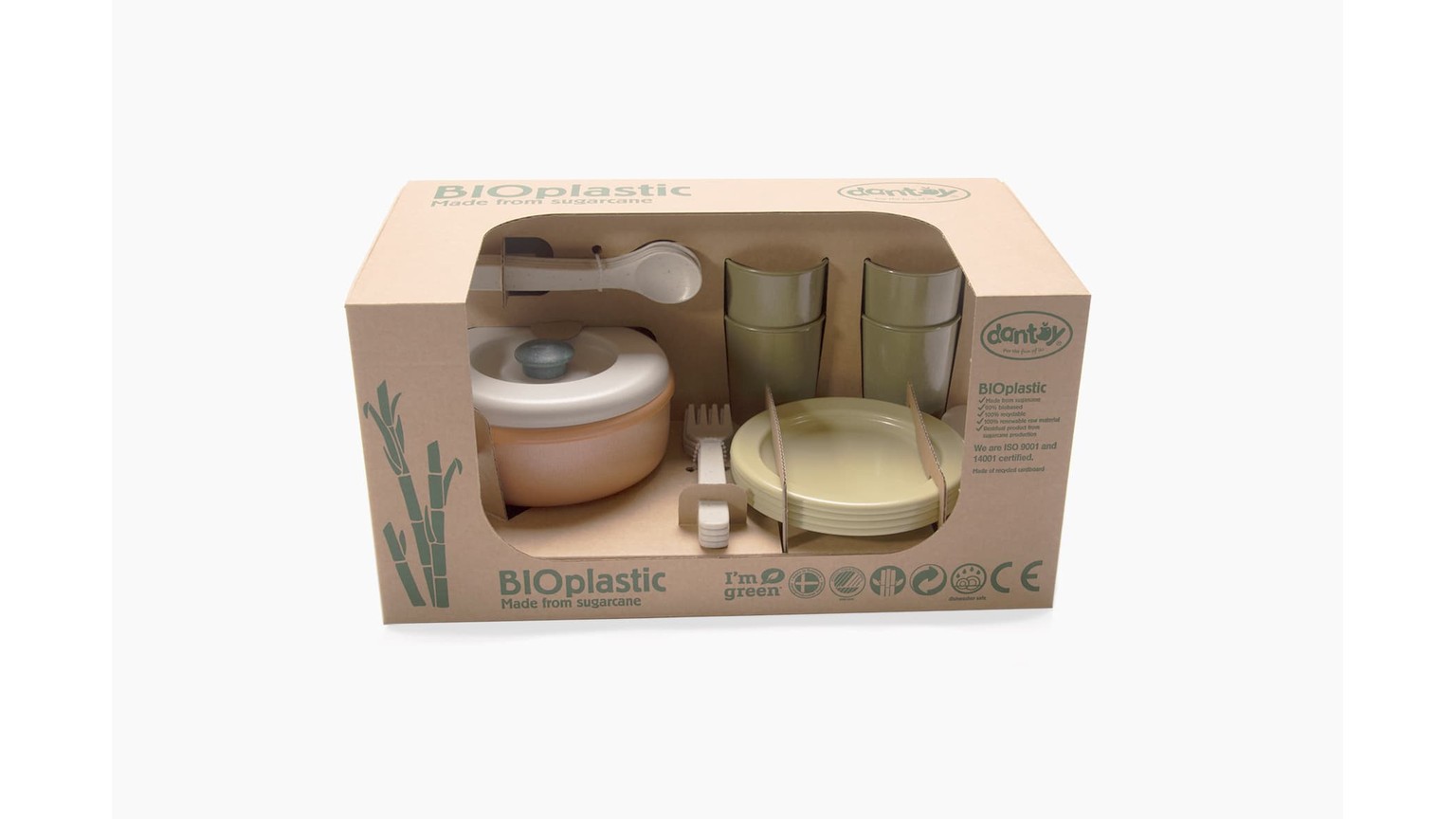 Spisesæt til børn i beige og grønne farver i gennemsigtig produktæske