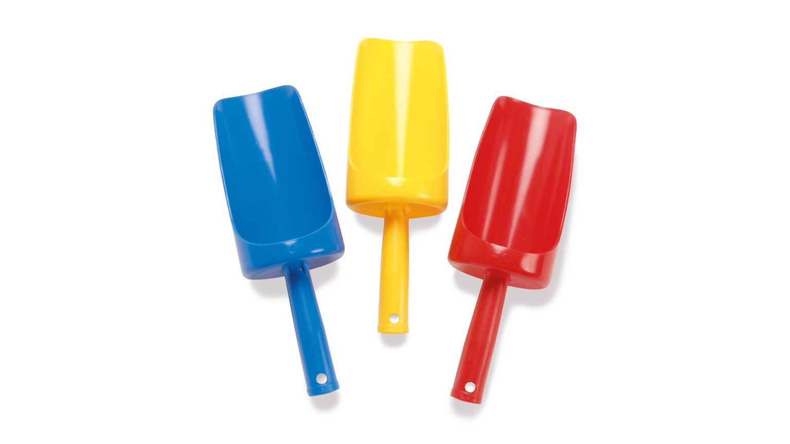 Tre isvandslignende skovle i blå, gul og rød med håndtag