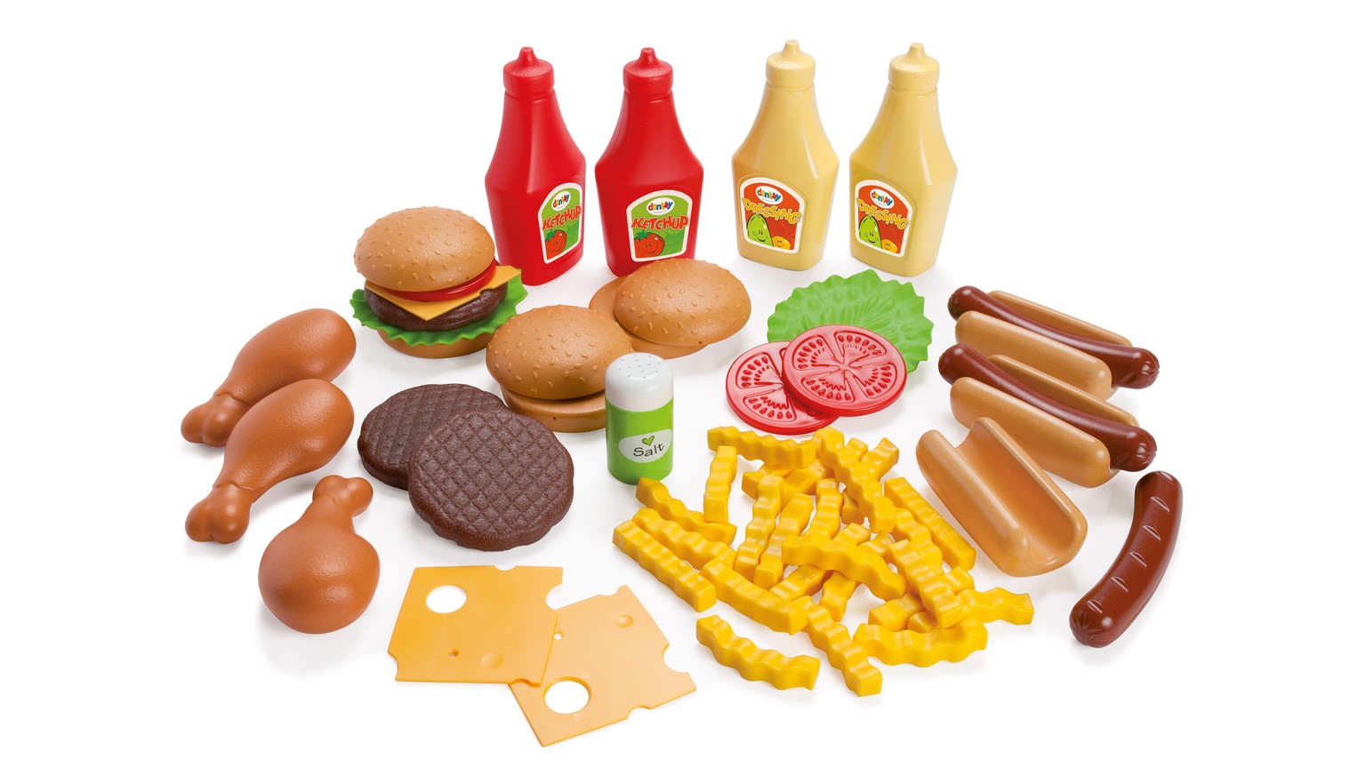 Legetøjsmad med fastfood: burgere, pølser, pomfritter og drikkevarer i rød og gul.