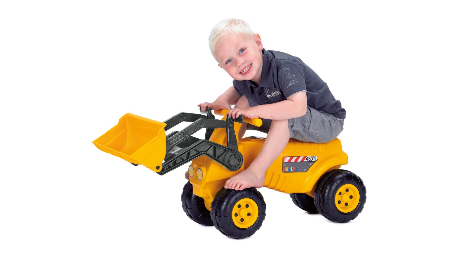 Gul gravemaskine-legetøj med sort sæde og stor frontlæsser.