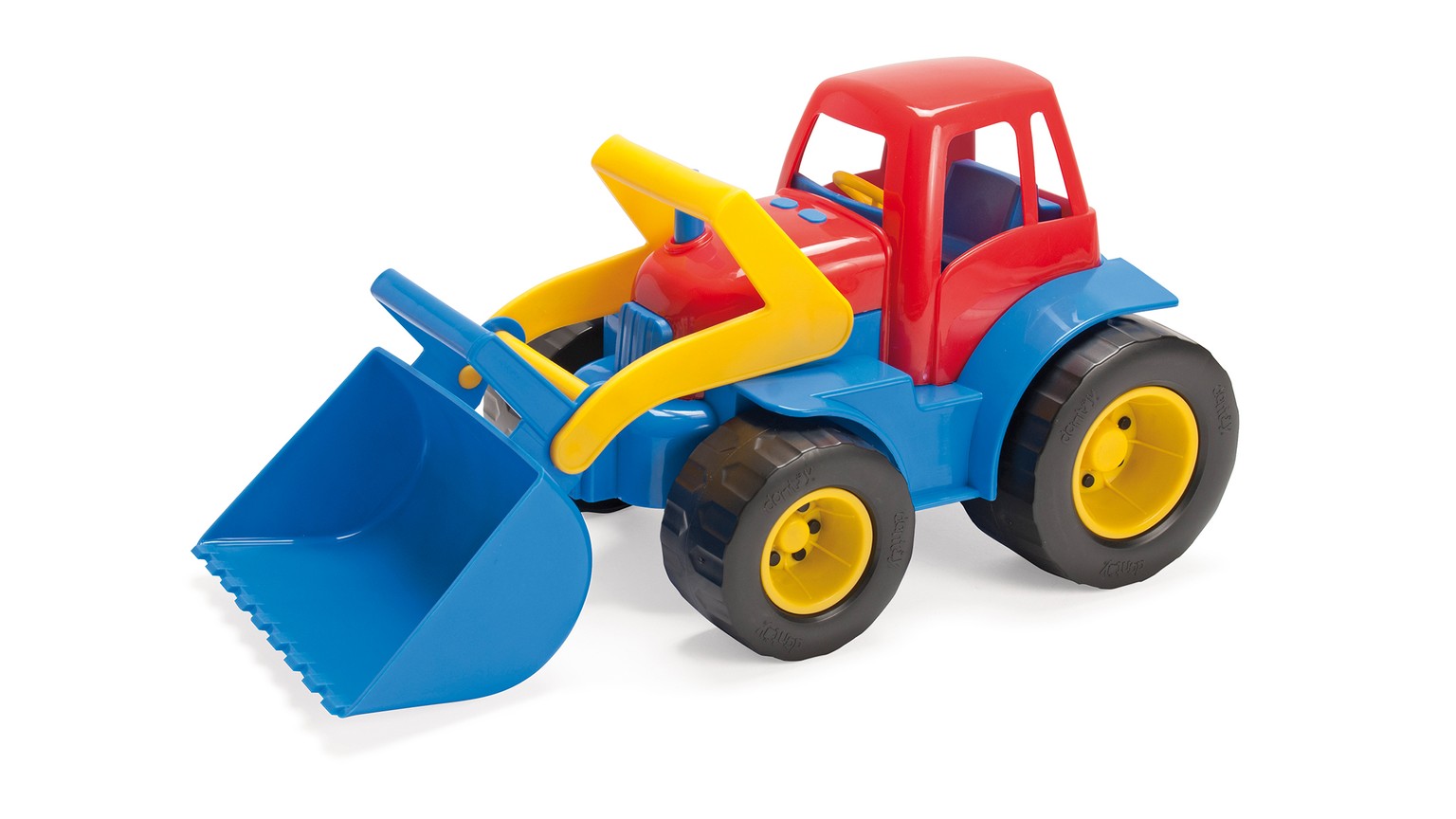 Rød og blå traktor med gul frontlæsser og store hjul