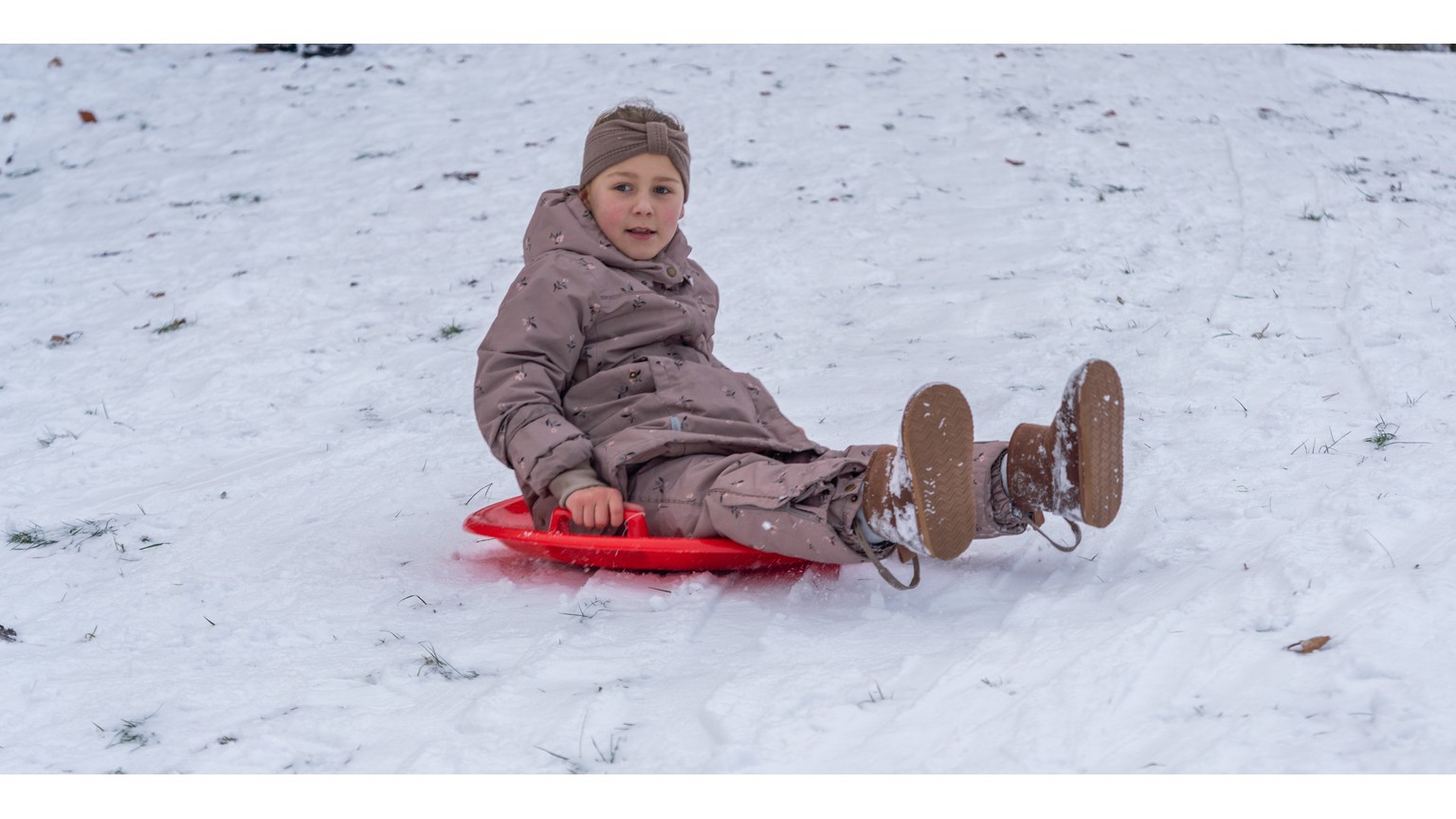 Person på rød kælk glider ned ad snedækket bakke om vinteren