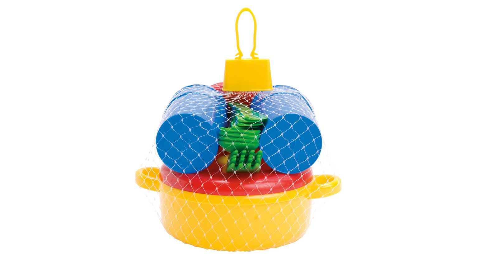 Farverigt legekomfur med potter og pander i blå, gul og grøn i netpose med gult håndtag