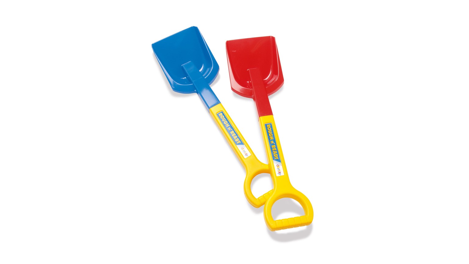 To sandlegeredskaber med blå og rød skovl på gule håndtag