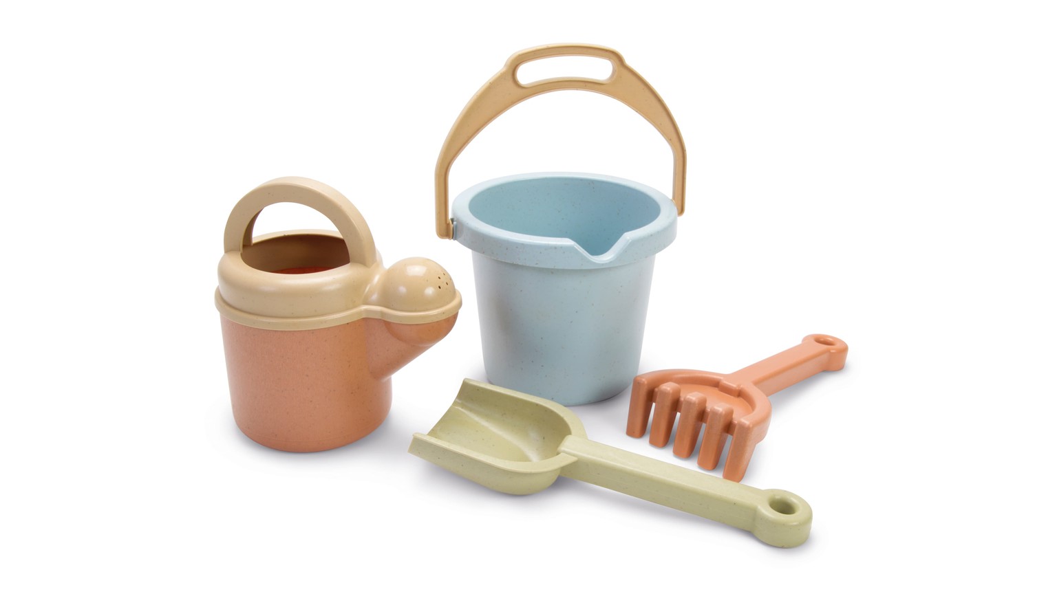 Legesæt med to spande i beige og lyseblå samt gul skovl og orange rive til sandkassen
