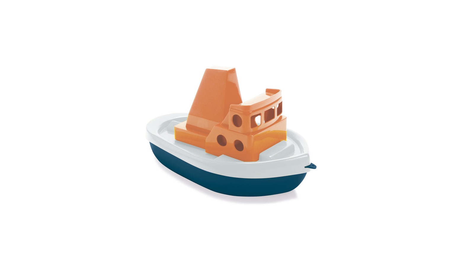 Orange og marineblå legetøjsbåd med førerhus og hvidt dæk.