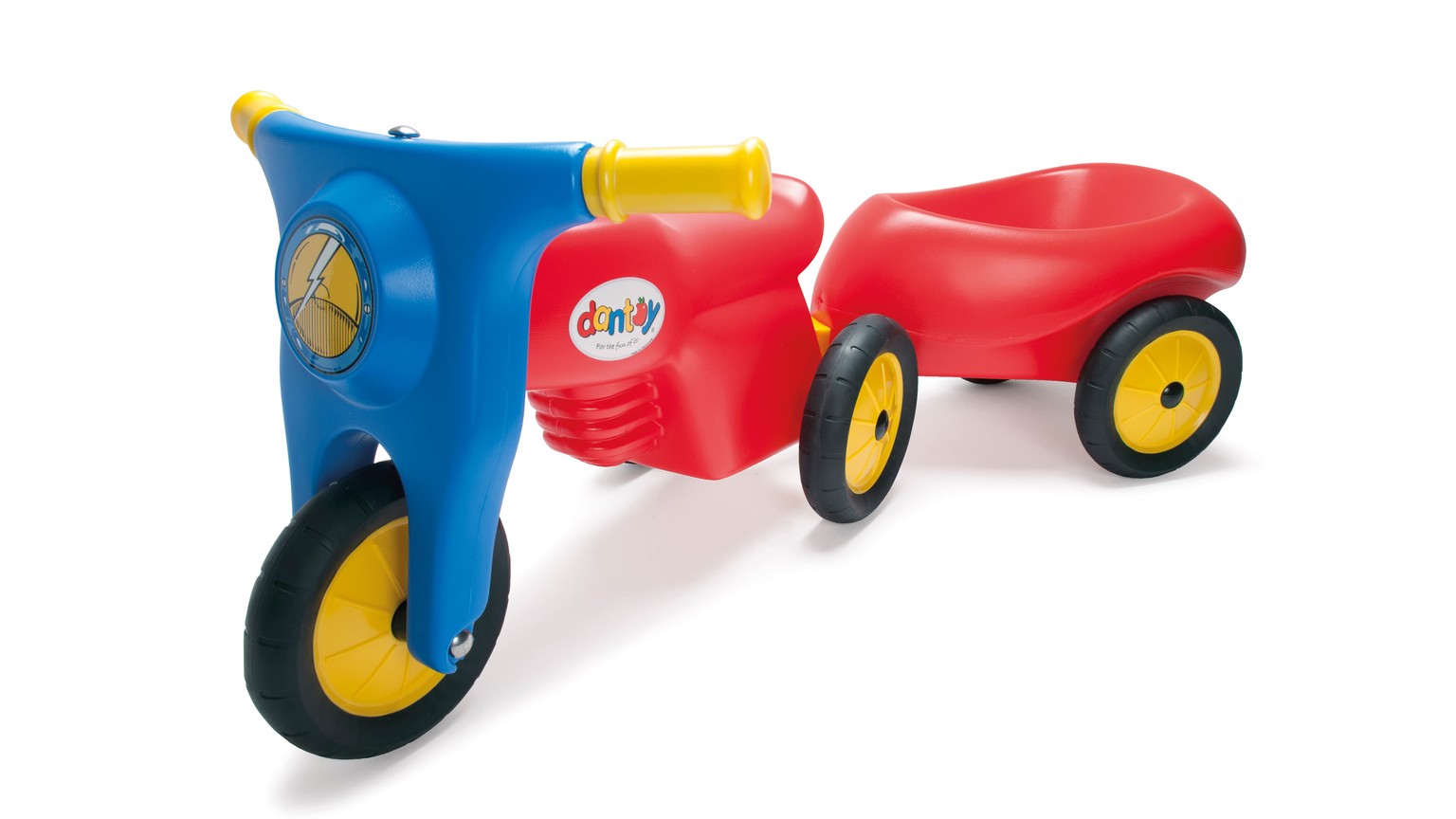 Rød og blå trehjulet legetøjsmotorcykel med gule hjul og påhængsvogn