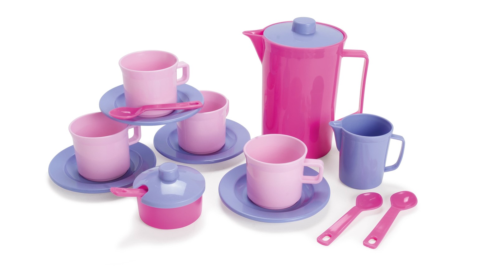 Lyserødt og lilla kaffestel med tekande, kopper, underkopper, skeer og låg til børneleg.