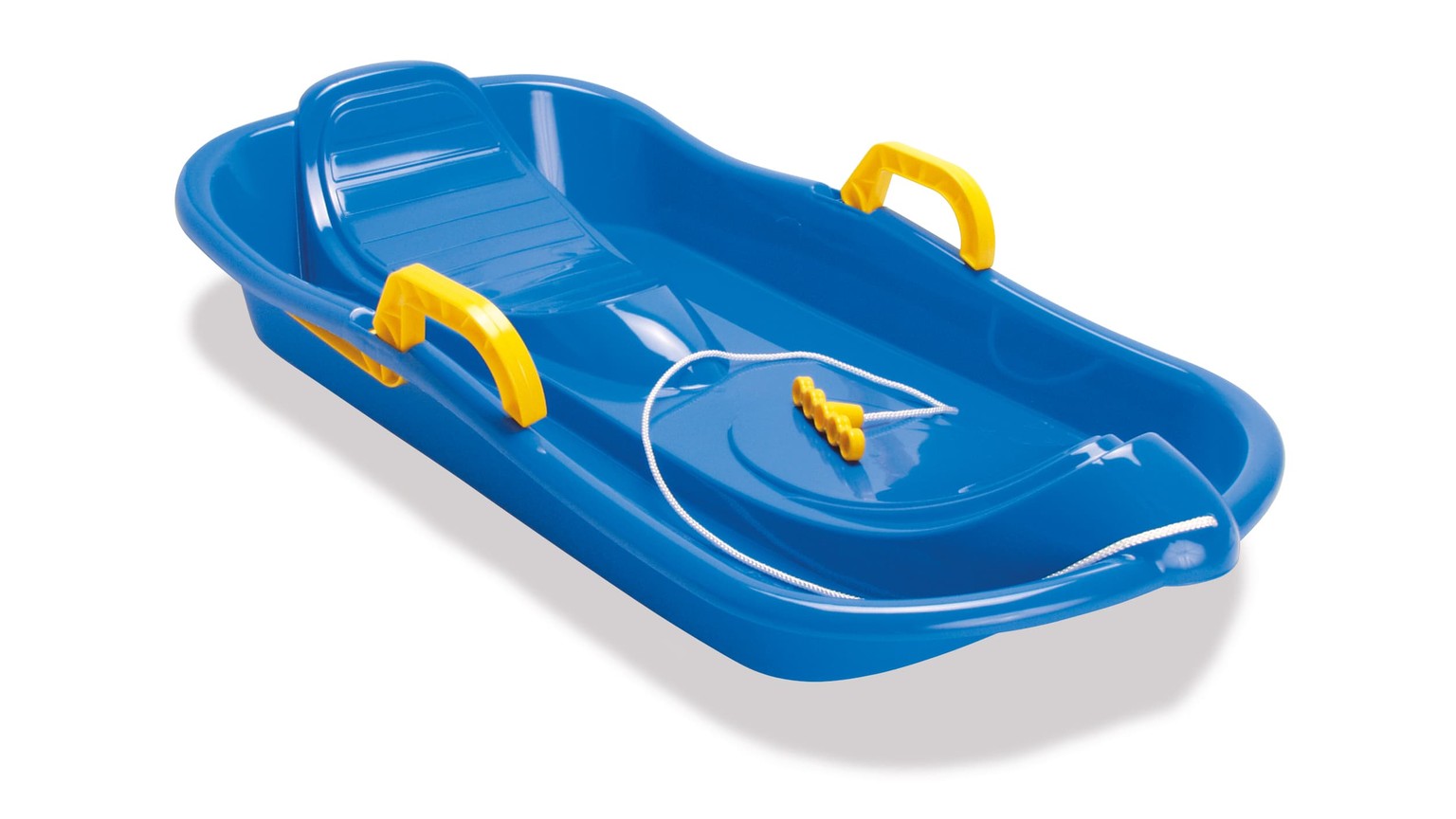 Blå kælk med gule håndtag og bremsesystem til børn