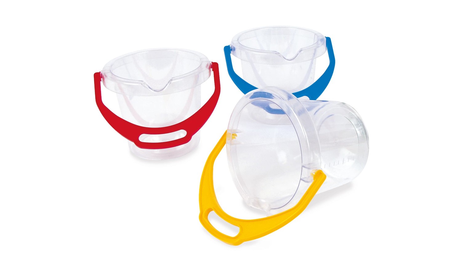 Tre gennemsigtige spande med håndtag i rød, blå og gul