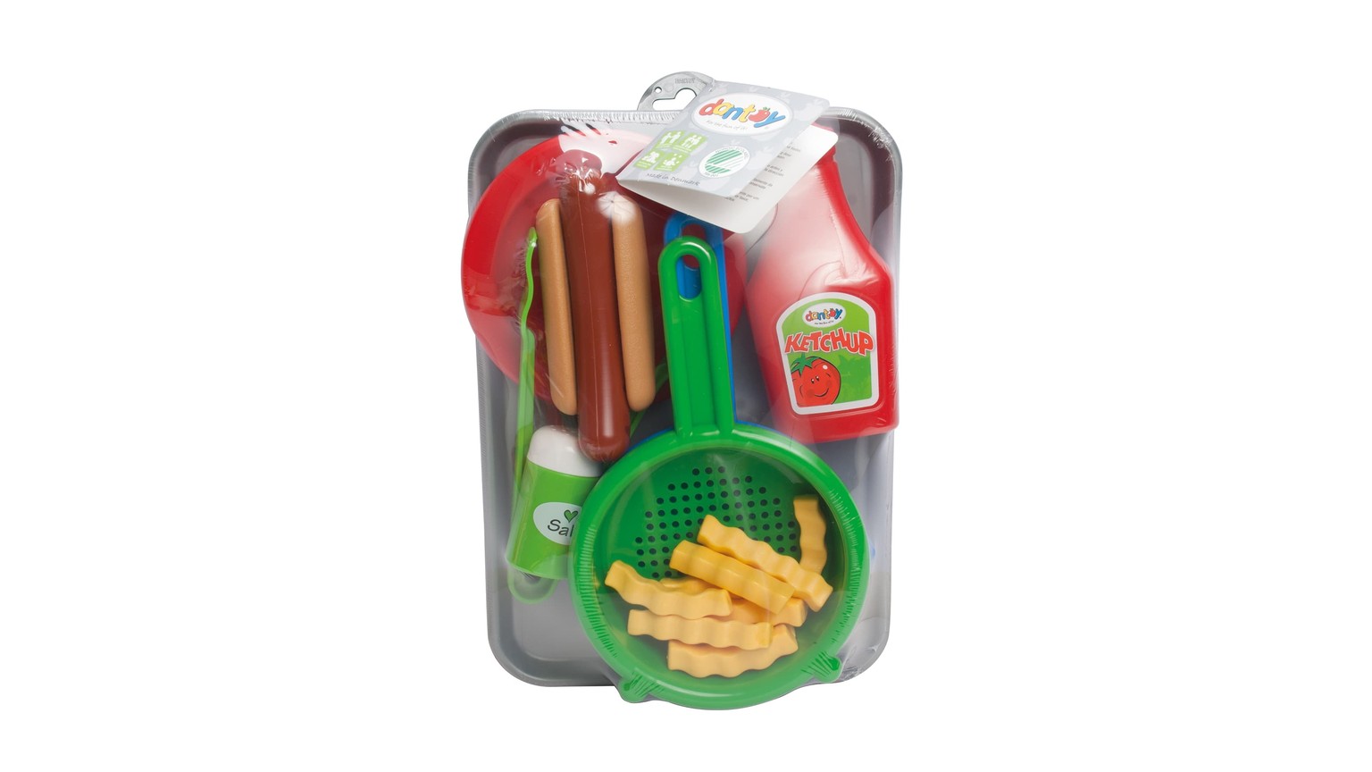 Legetøjsmadsæt med pølser, pomfritter og grøn tallerken i gennemsigtig emballage