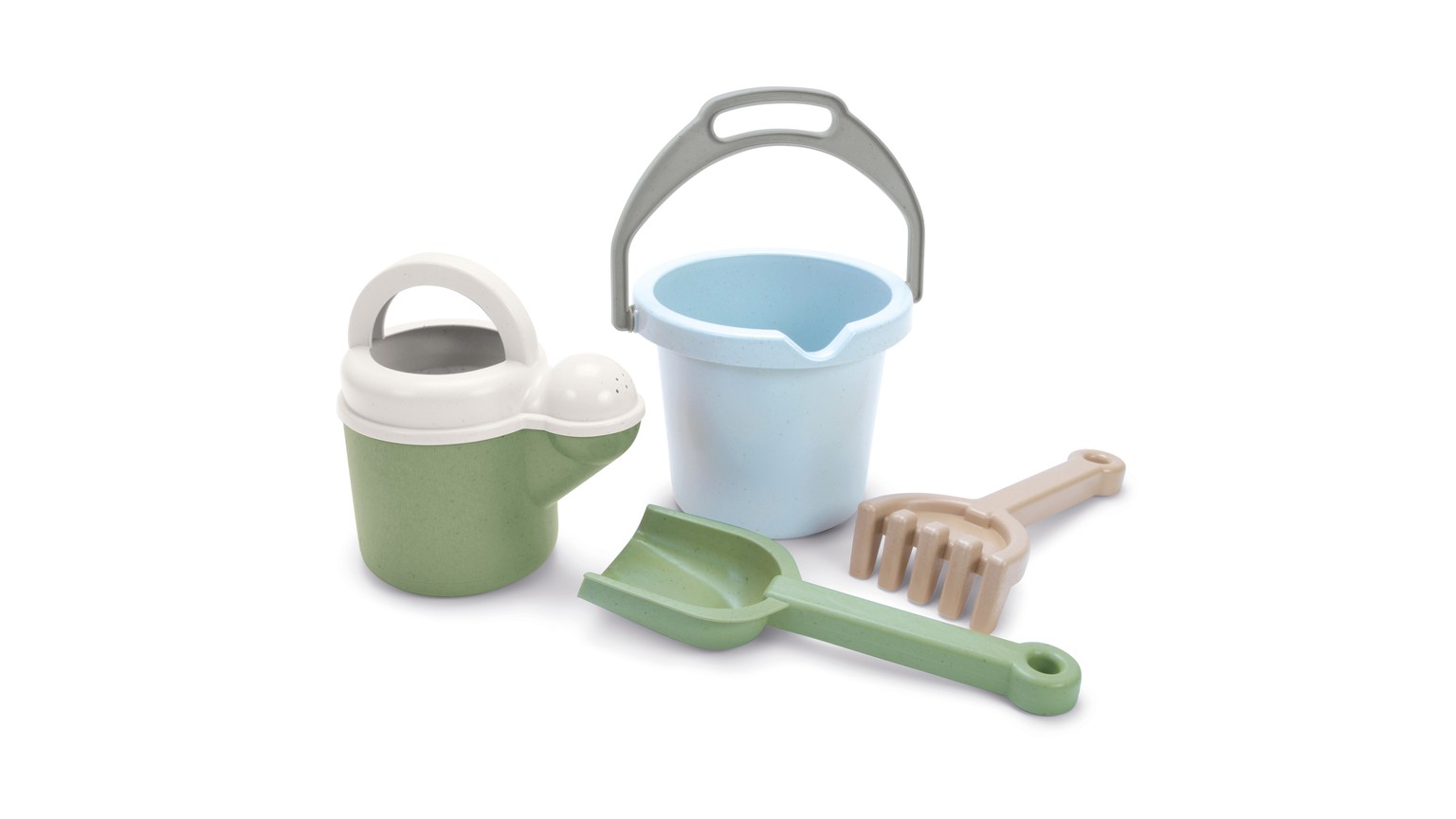 Børnesandsæt med grøn spand, lyseblå spand, grøn skovl og rive.
