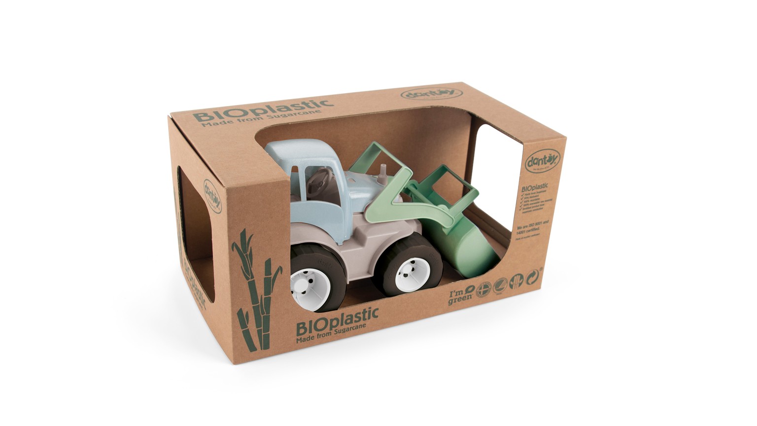 Mintgrøn traktor i gaveæske med gennemsigtig forside