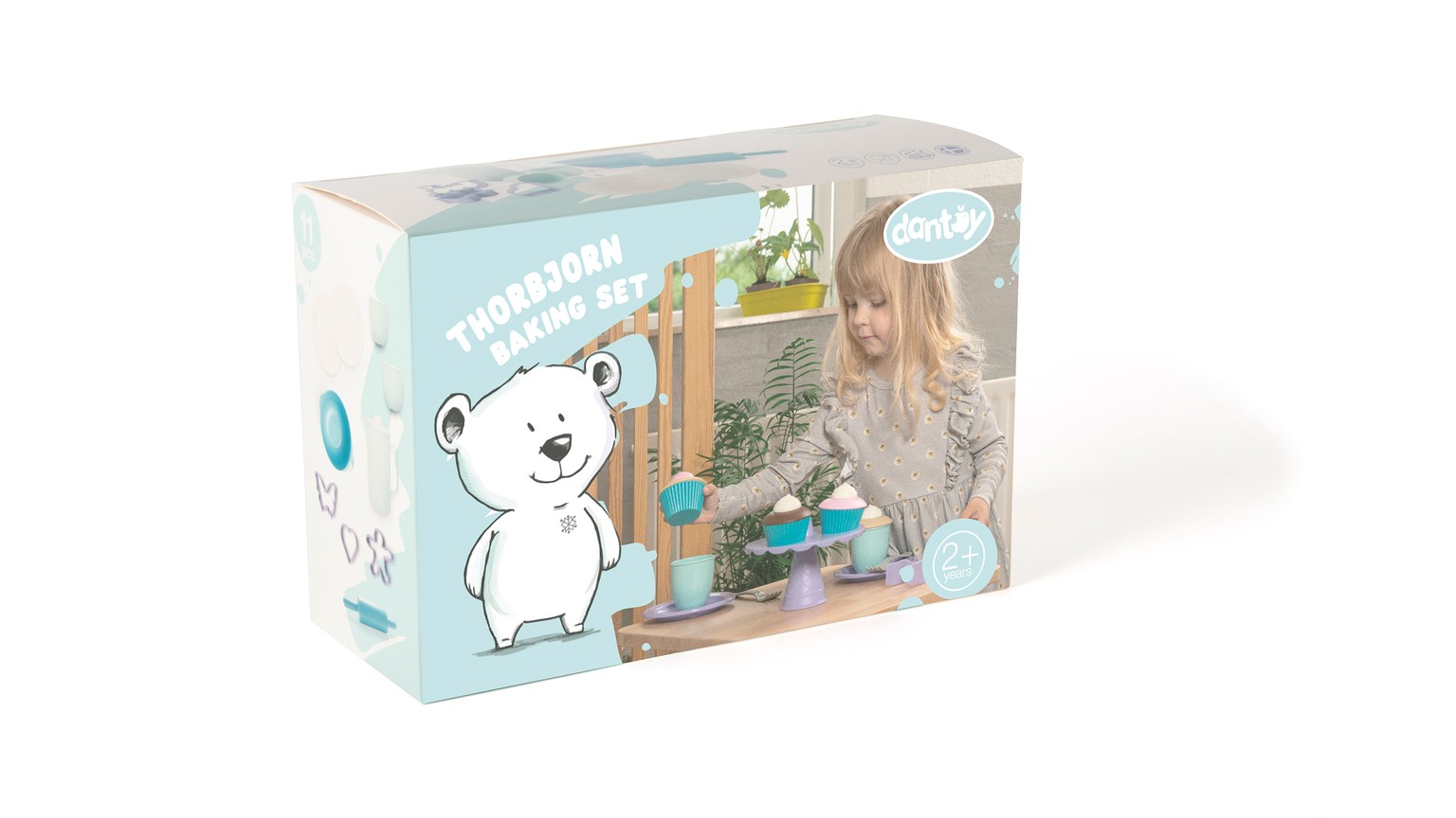 Gennemsigtig æske med isbjørnemotiv og legemadssæt i lyseblå og hvide farver