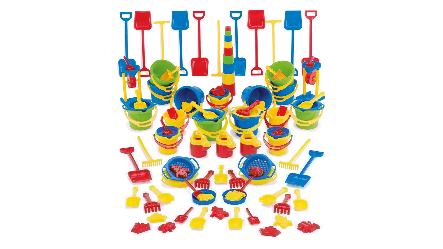 Farverigt sandsæt med spande, skovle og forme i rød, blå, gul og grøn opstillet i symmetrisk mønster.
