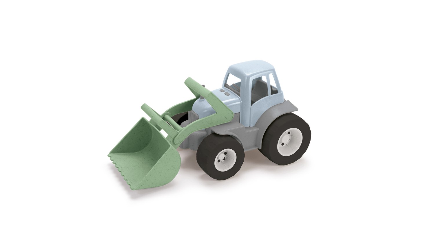 Grå og grøn traktor med frontlæsser, store hjul og førerhus.