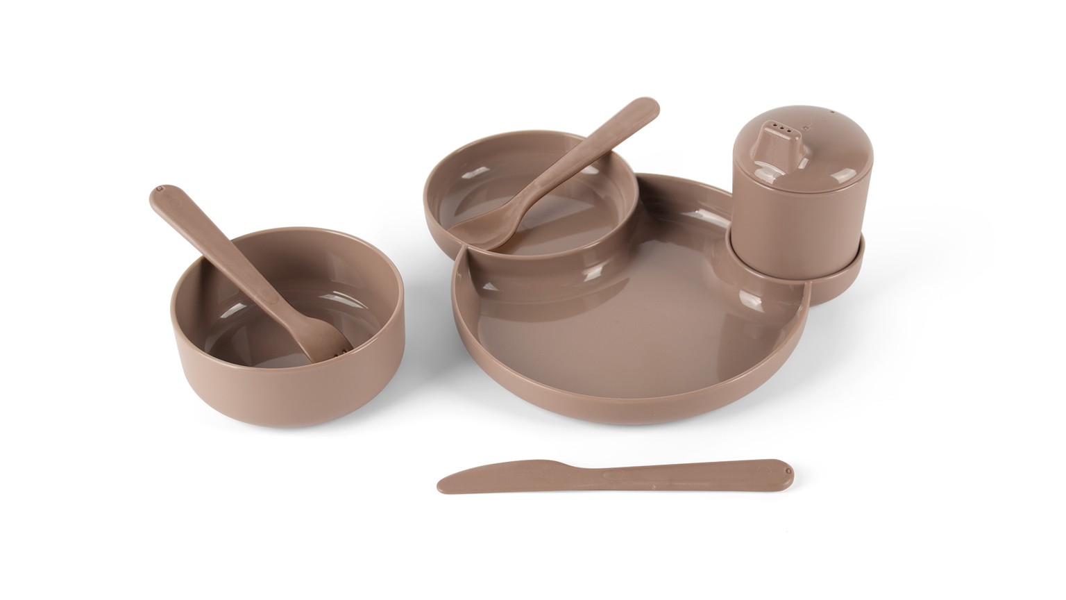 Brun børnespisesæt med to skåle, tallerken og bestik