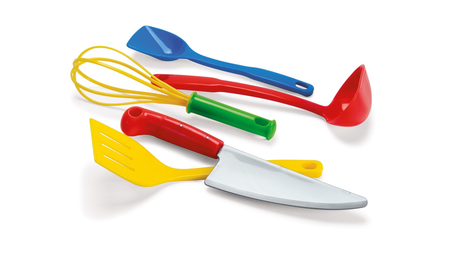 Farverige køkkenredskaber: gul piskeris, blå ske, rød øse, grøn spatel og hvid kniv