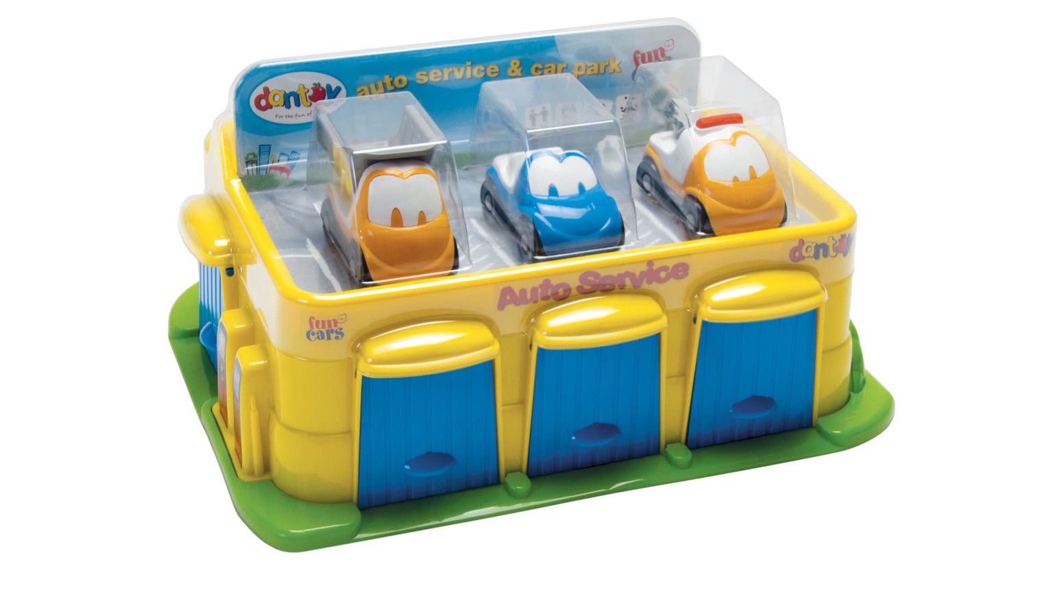 Tre små biler i gul, blå og orange placeret i en gennemsigtig kasse med tre rum på grøn bund.