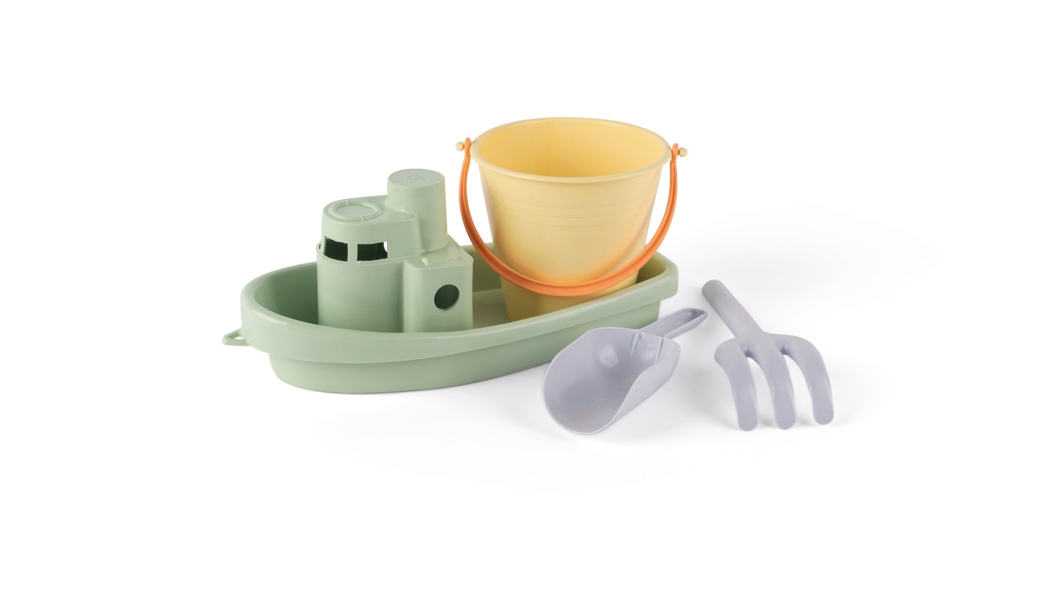 Mintgrøn legebåd, gul spand og grå haveredskaber i pastelfarvede nuancer.