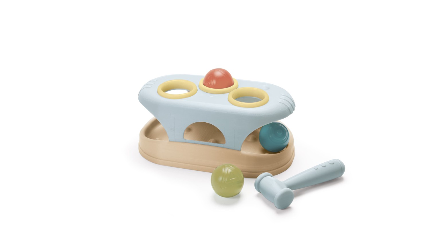 Lyseblåt hammerbræt med farverige kugler og en lille hammer til at slå med