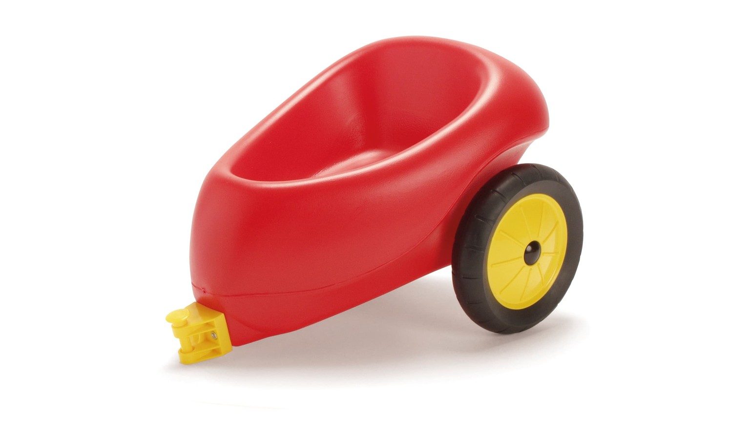 Rød anhænger med gule hjul til børnekørsel