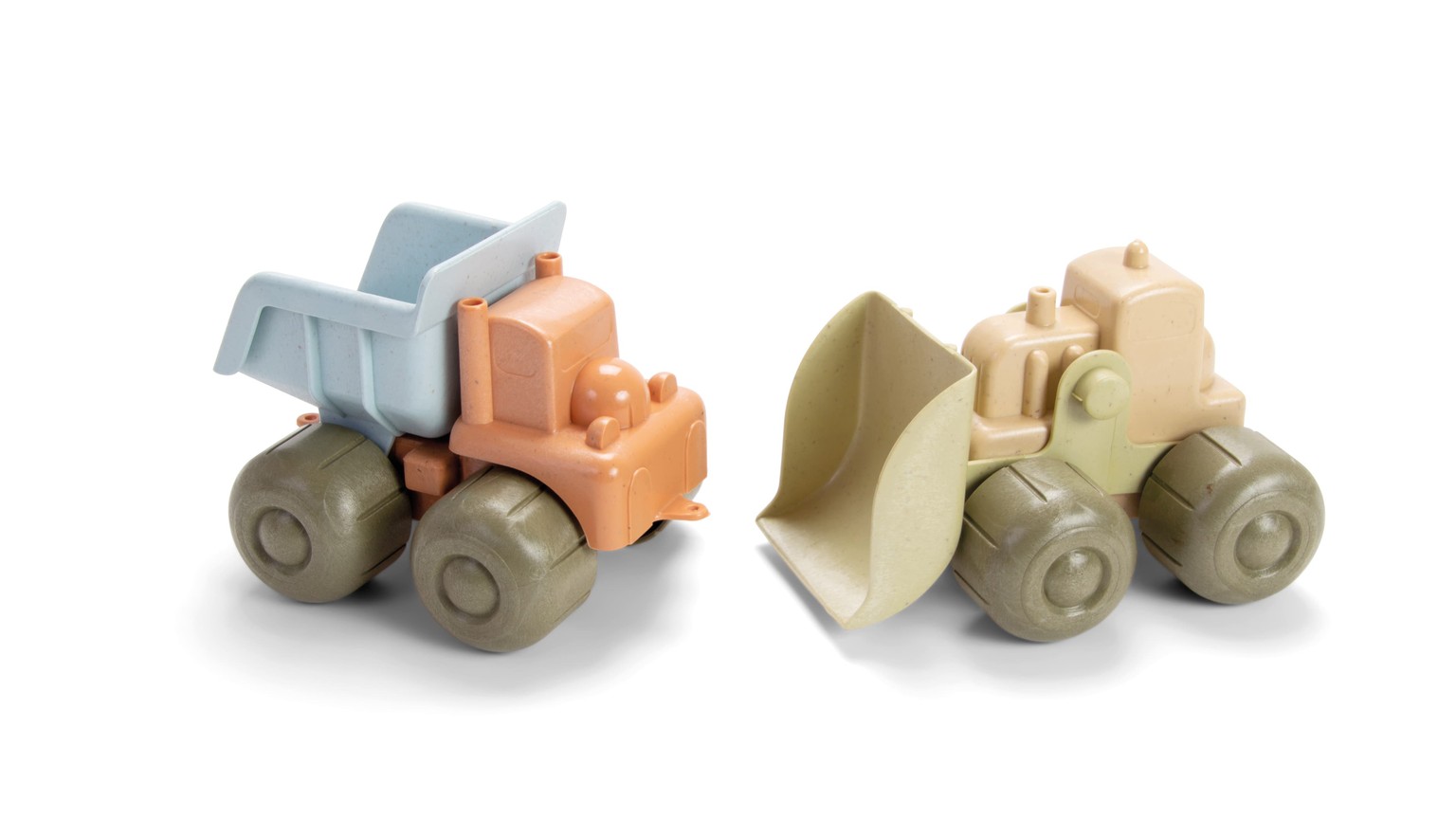 To legetøjskøretøjer: En orange lastbil og en beige gravemaskine med store hjul
