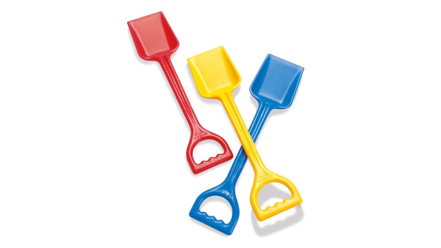Tre skovle i primærfarverne rød, gul og blå med håndtag