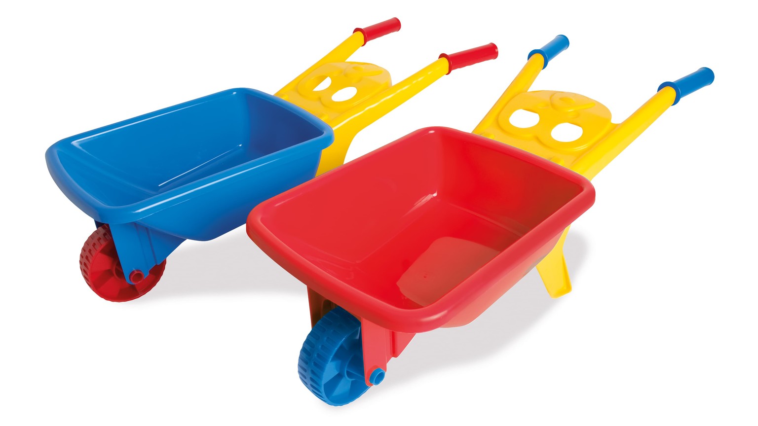 To røde og blå legetøjstrillebøre med gule håndtag