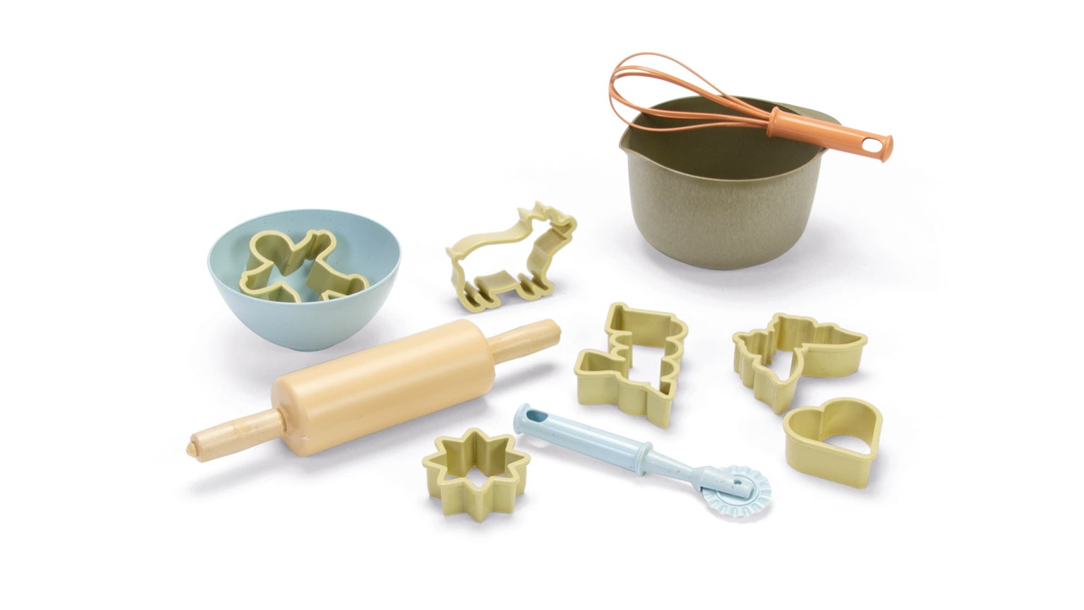 Bagesæt med kagerulle, skål, udstikkere og dejskraber i jordfarver og pastelblå