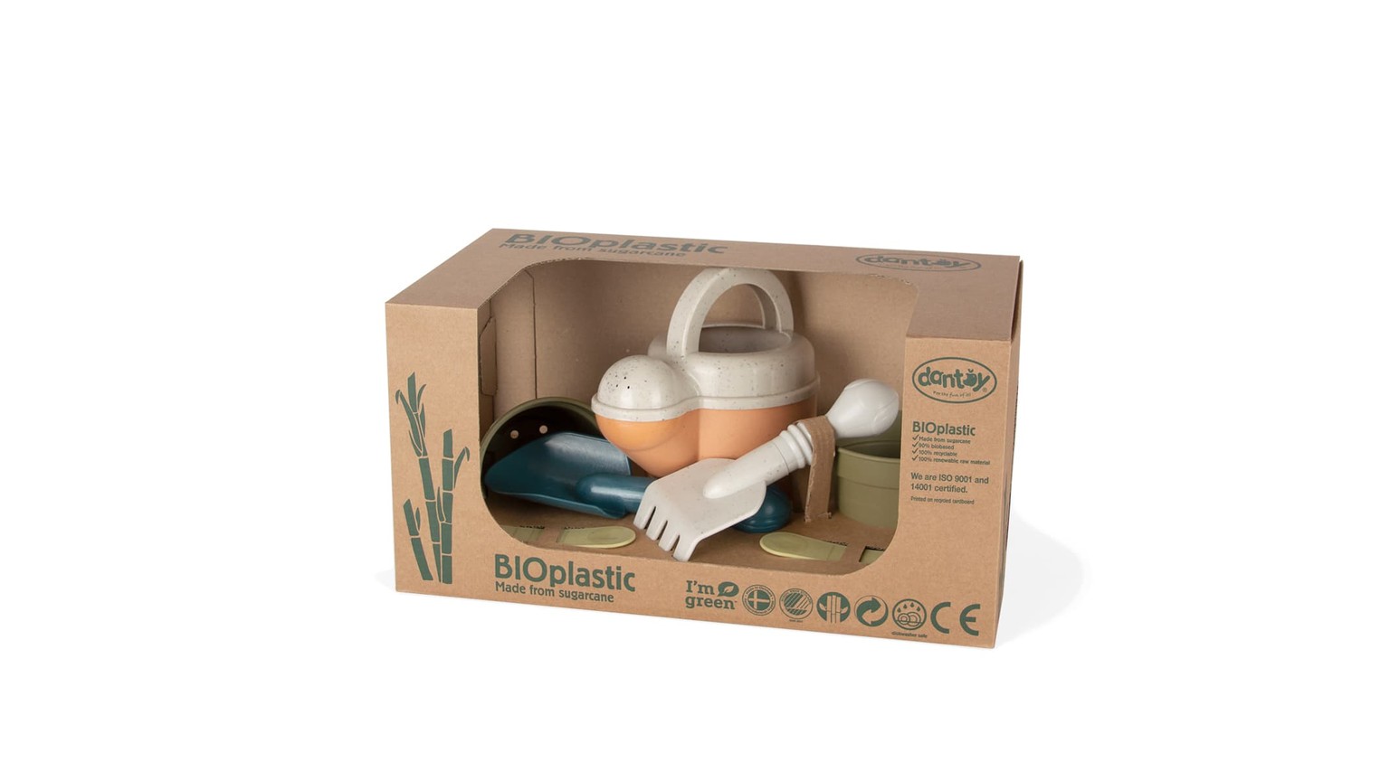 Bæredygtigt plantesæt i beige og grøn med vandkande, spand og haveredskaber i papemballage.