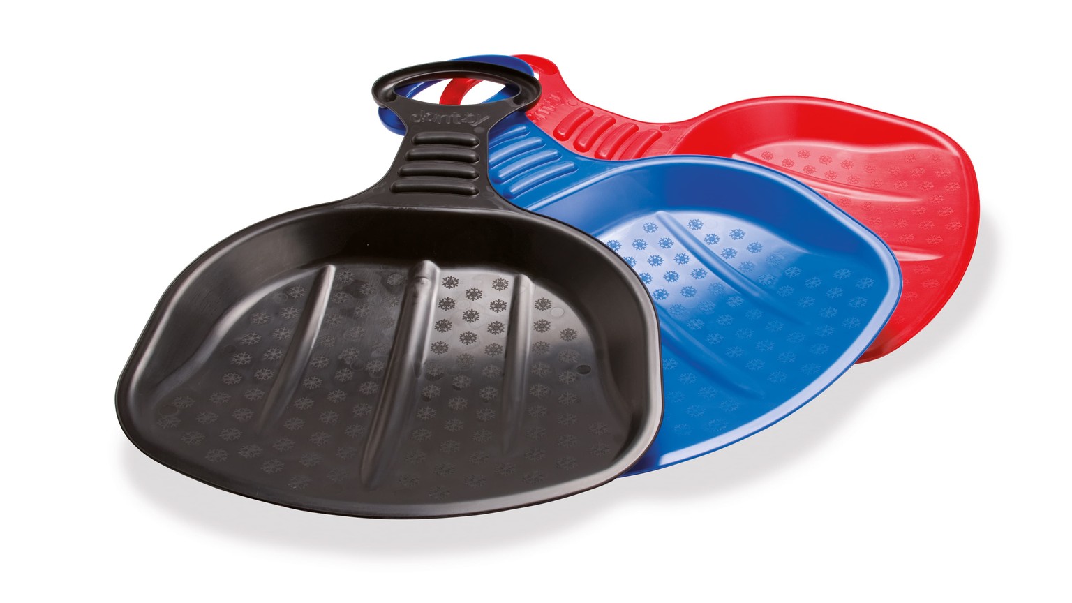 Tre kælke i farverne sort, rød og blå med glat bund til at glide på sne.