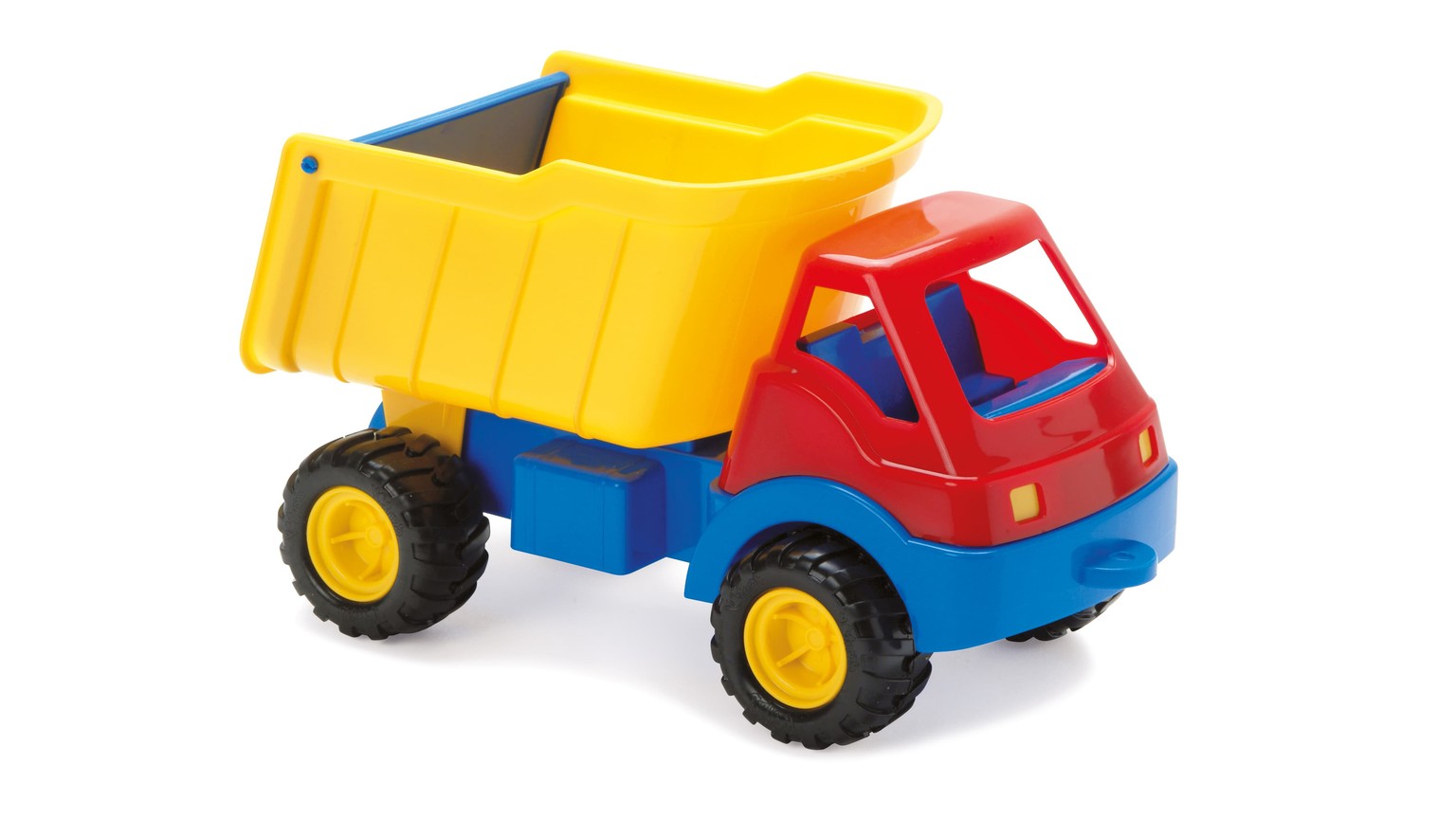 Rød og blå legelastbil med gul tippelad og store hjul