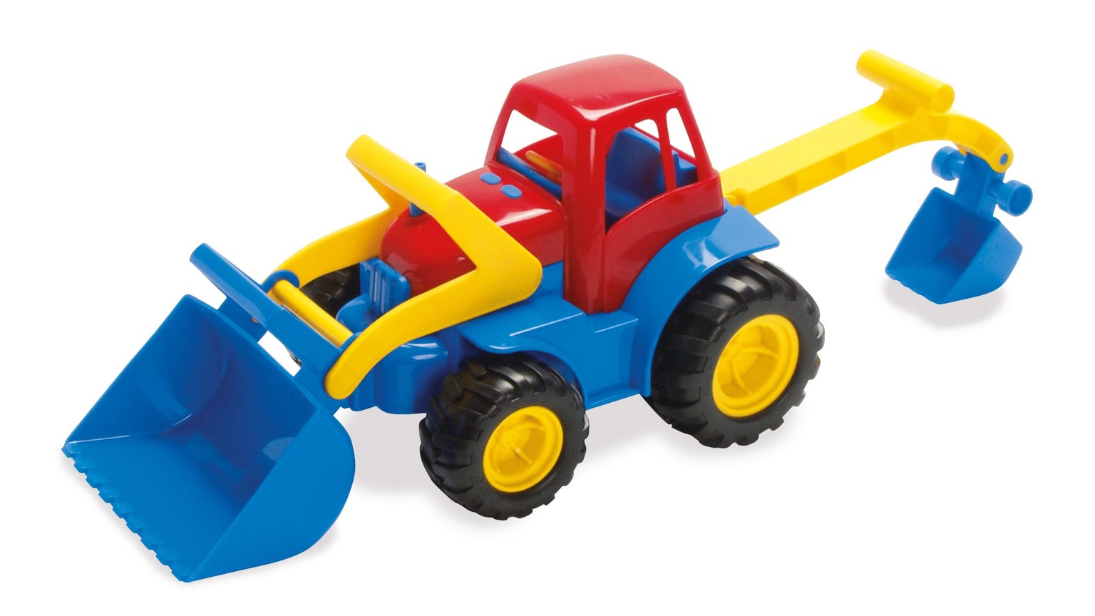 Rød traktor med blå frontlæsser og gravemaskine på gule hjul